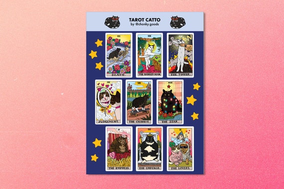 Tarot Cat Meme Sticker Sheet No. 2 – Cute Cat Tarot Card Stickers, Witchy Cat Laptop & Journal Stickers, Gift for Tarot Lovers, magic cat
