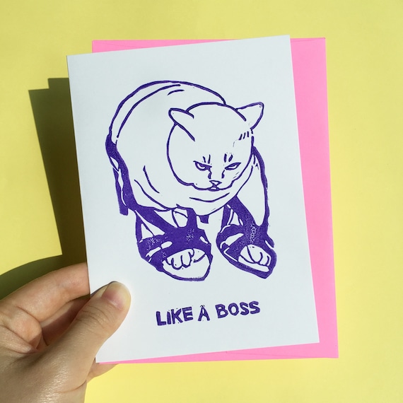 Like A Boss cat shoe meme card - fat cat meme, cat congrats, FUNNY cat NEW  JOB card, cat lover card, cat MOney, GIrl PoWer CAt, feminist CAt