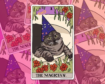 Tarot Cat The Magician Wizard Cat meme Sticker – Cat Meme Sticker, sad cat meme, wizard whoosh cat meme, tarot card laptop sticker, cat meme