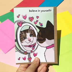 Croyez en vous carte meme chat triste - meme coeur miroir chat qui pleure, carte d'encouragement chat drôle, croyez en votre chat, carte chat jugeant