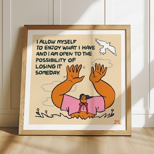 Detachment – uplifting illustration art poster, woman and dove art inspiring women square art poster, love and letting go, peace art poster