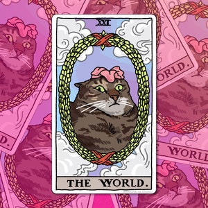 Sticker mème chat tarot Cat The World Flower – Sticker chat meme, meme chat triste, stickers bouteille d'eau chat, stickers fleur de chat, sticker tarot