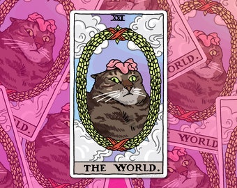 Tarot Cat The World Flower Cat meme Sticker – Cat Meme Sticker, sad cat meme, cat water bottle stickers, cat flower stickers, tarot sticker