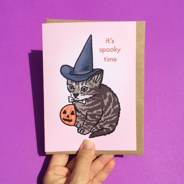 It's Spooky Time Halloween Pumpkin Cute Witch Cat Meme card  - spooky cute cat card, cute funny cat meme card, Halloween meme greeting card