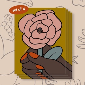 Simplemente florece, niña negra, rosas, flores para ti, juego de postales de 4: te amo, postal de flores, bonita postal de flores, postal de flores mínimas