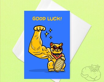 Tarjeta meme de gato musculoso de la suerte y buena suerte: tarjeta divertida con meme de gato y buen trabajo, tarjeta de felicitaciones con meme de gato, gato musculoso de la suerte, gato de la suerte para compañeros de trabajo