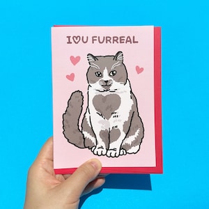 Tarjeta de meme de gato divertido con corazón de Furreal Te amo, Gato lindo y dulce de San Valentín, Tarjeta de aniversario de amor de gato dulce, Tarjeta de meme llorando de gato