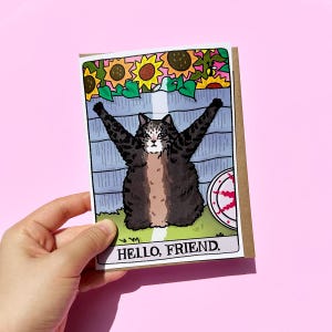 Bonjour ami chat salut carte drôle - Carte de maman de chat, carte de gros chat tigré, bonjour chat, en pensant à votre ami chat, carte de chat meilleur ami, vous me manquez chat