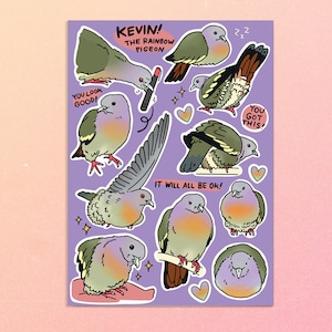 Adesivos Kevin, o pombo arco-íris – adesivo de papagaio verde, pássaro arco-íris, meme de pássaro, adesivos para amantes de pombos, pombo fofo, pombo verde
