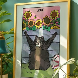 The Sun Plant Cat Meme Tarot Art Print Poster, traurige Katze Mem, Tarot-Katzen-Plakat, witchy Katze Teufel Tarot Kunstdruck, verfluchte Katzenmem-Plakat