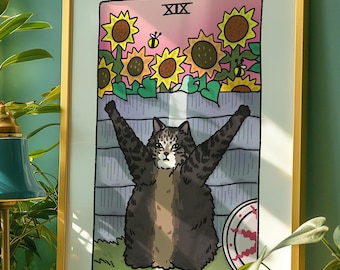 The Sun plant Cat Meme Tarot Art Print Poster, sad cat meme, tarot cat poster, witchy cat devil tarot art print, cursed cat meme poster