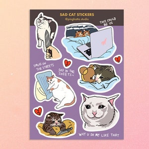 Hoja de pegatinas de memes de gatos tristes: pegatinas de memes divertidos, memes de gatos llorando, pegatinas divertidas de gatos presumidos, pegatinas de memes de gatos llorando, memes de gatos emo colapsados