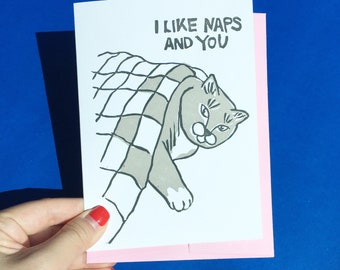 I like naps and you – hand print cat anniversary card, linocut birthday cat card, I like napping cat, cat nap card, cat birthday nap card