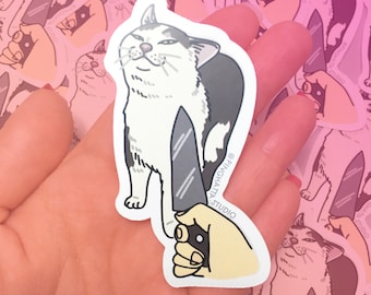 Knife Cat Die cut Sticker – Cat Meme Sticker, sad cat meme, cat water bottle stickers, cat meme laptop stickers, cat meme vinyl stickers
