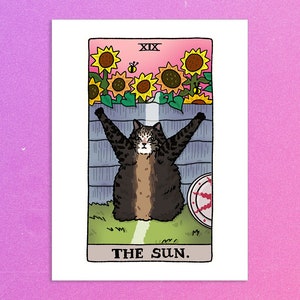 The Sun plant Cat Meme Tarot Art Print Poster, sad cat meme, tarot cat poster, witchy cat tarot art print, cursed cat meme poster