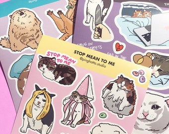 3 Sad Tired Mean Cat Meme sticker bundle – meme sticker, funny meme sticker, crying cat meme, knife cat funny sticker, kawaii cat stickers