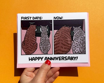 First Date VS Now funny anniversary cat meme card - fat cat together, funny cat anniversary card, funny anniversary card for cat lover