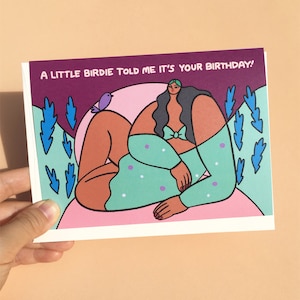 Little Birdie Sag mir, es ist Dein Geburtstag, entspannende Sommer Geburtstagskarte, Geburtstagswünsche, feministische minimalistische Grußkarte, body positiv