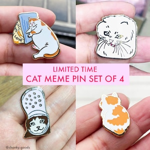 LIMITED TIME — set of 4 Original Sad Cat Meme enamel pin bundle, Cat Meme enamel pin, sad cat enamel pin, cat crying pillow enamel pin