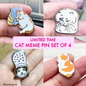 LIMITED TIME — set of 4 Original Sad Cat Meme enamel pin bundle, Cat Meme enamel pin, sad cat enamel pin, cat crying pillow enamel pin