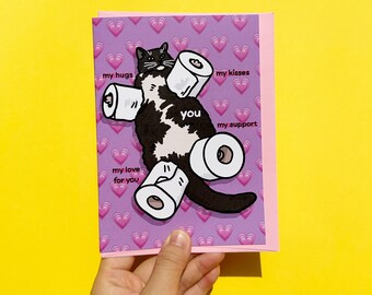 Mis abrazos y amor por ti, tarjeta meme divertida de gato con papel higiénico: gato gritando, tarjeta de abrazo de gato, tarjeta divertida de aniversario de gato, tarjeta meme de gato
