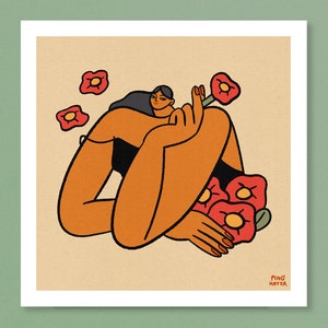 Blooming Dangerously – minimal tan woman neutral warm red flower illustration, happy inspiring women relaxing empower square art poster