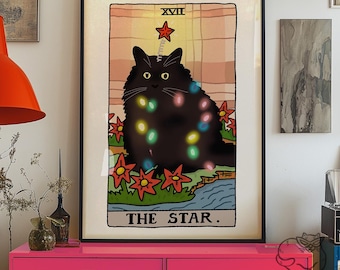 The Star Chocolate Cat Meme Tarot Art Print Poster, sad cat meme, tarot cat poster, witchy cat devil tarot art print, cursed cat meme poster