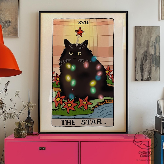 The Star Chocolate Cat Meme Tarot Art Print Poster, sad cat meme, tarot cat poster, witchy cat devil tarot art print, cursed cat meme poster