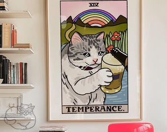 Może przedstawiać: Ilustracja karty tarota przedstawiająca kota ze smutnym wyrazem twarzy trzymającego szklankę płynu. Karta nosi tytuł "TEMPERANCE" i ma tęczę w tle.