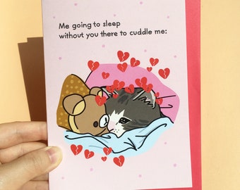 Yo durmiendo sin ti ahí para abrazarme, tarjeta de gato triste: tarjeta de gato a larga distancia, amor a larga distancia, meme de gato llorando, gato pensante para abrazar