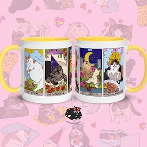 Die ursprüngliche gelbe Tarot-Katzen-Meme-Kaffeetasse, Katzenmama-Kaffeetasse, witchy traurige Katzenmeme-Kaffeetasse, Tarot-Kaffeetasse, Tarot-Katzenkaffeetasse