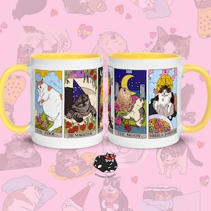 The Original Yellow Tarot Cat Meme Coffee Mug, cat mom coffee mug, witchy sad cat meme coffee mug, tarot coffee mug, tarot cat coffee mug