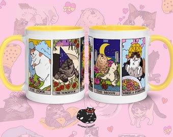 Taza de café original con el meme del gato del tarot amarillo: linda taza de gato bruja para café y té, taza con carta del tarot del gato, regalo espiritual para amantes de los gatos y el tarot.