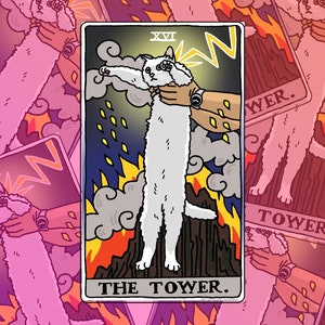 Lange weiße Katze Mem Aufkleber - Katzen Meme Aufkleber, traurige Katze Mem, Tarot Karte Laptop Aufkleber, Turm Tarot Katze