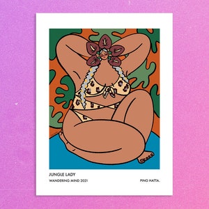 Jungle Lady - Woman Illustration warm beach leopard swim lady, whimsical positive colorful relaxing woman vibrant painting art poster,