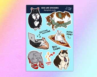 Hoja de pegatinas de gato trabajando para CEO: meme de gato con humor de oficina, humor corporativo de gato trabajando, gato jefe, humor de gato en la oficina, pegatinas divertidas de productividad
