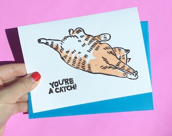 Your'e A Catch Cat - valentines cat couple card, FAT cat, cat anniversary card, nine lives card, linocut, CAt ANd MOuse, CAt LOver