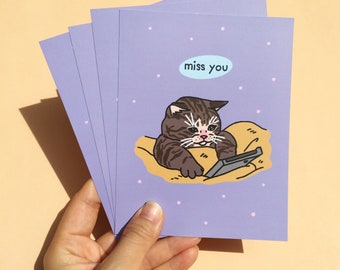 miss you sad cat cellphone meme postcard set of 4 - miss you cat postcard, cat postcard, cute funny cat meme, pandemic cat, meme postcard