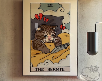 The Hermit Sad Cat Meme Tarot Art Print Poster, sad cat meme, tarot cat poster, witchy cat tarot art print, cursed cat art, wizard cat tarot