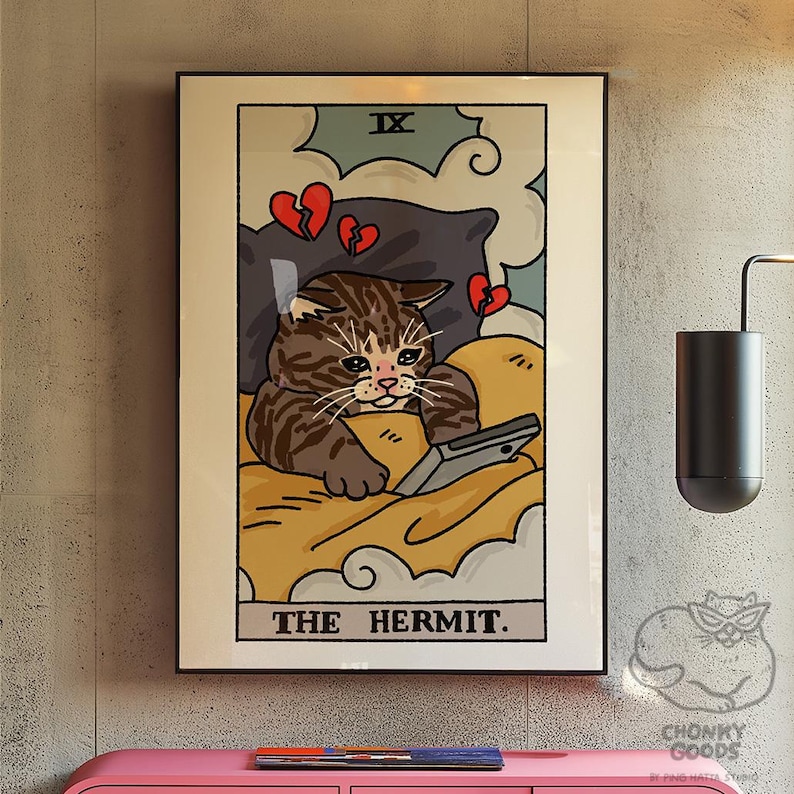 Eremiten Ledsen Katt Meme Tarot Konsttryck Poster, ledsen kattmeme, tarotkattaffisch, häxkatt tarotkonsttryck, förbannad kattkonst, trollkarlskatt tarot bild 1