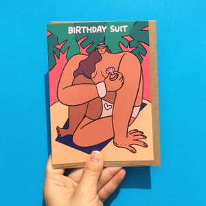Geburtstagsanzug, nackter Geburtstag, Sommer-Geburtstags-Strandkarte, Geburtstagswünsche, nackte Geburtstagskarte, feministische minimalistische Grußkarte