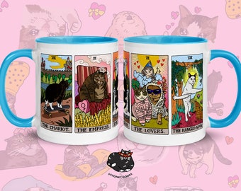 Taza de café con el meme del gato del tarot original, edición azul: regalo para mamás brujas amantes de los gatos, regalo para amigas aficionadas al tarot, meme del gato del tarot, taza para manifestar la abundancia con temática de gatos.