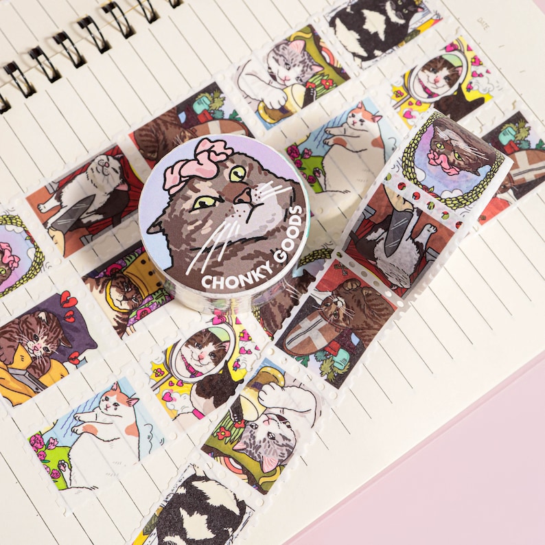 The Original Tarot Cat Meme stamp washi tape masking sticker tape, colorful fashion tape, planner sticker, cat meme washi tape, sad cat image 1
