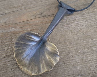 Forged Bronze Leaf Pendant with Black Leather Cord