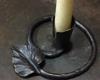 Hand Forged Steel Leaf Candle Holder, Rustic Metal Chamberstick