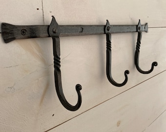 Hand Forged Hook Rack: Rustic Coat Hanger with Leaf Ends
