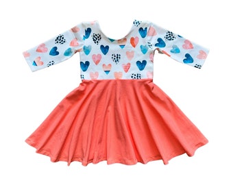 Valentine Dress, Coral Valentine Dress, Heart Dress, Toddler Dress, Girl Dress, Blue Valentine's Dress, Heart Dress, Valentine's Day