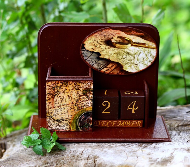 Office desk organizer Perpetual calendar World travel map Desk Etsy