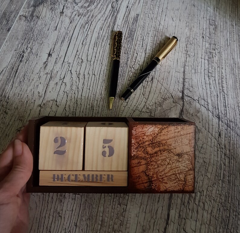 Office Desk Accessories Old World Map Pen Storage Perpetual Calendar Mothers Day Coworker Wood Block Wooden Organizer