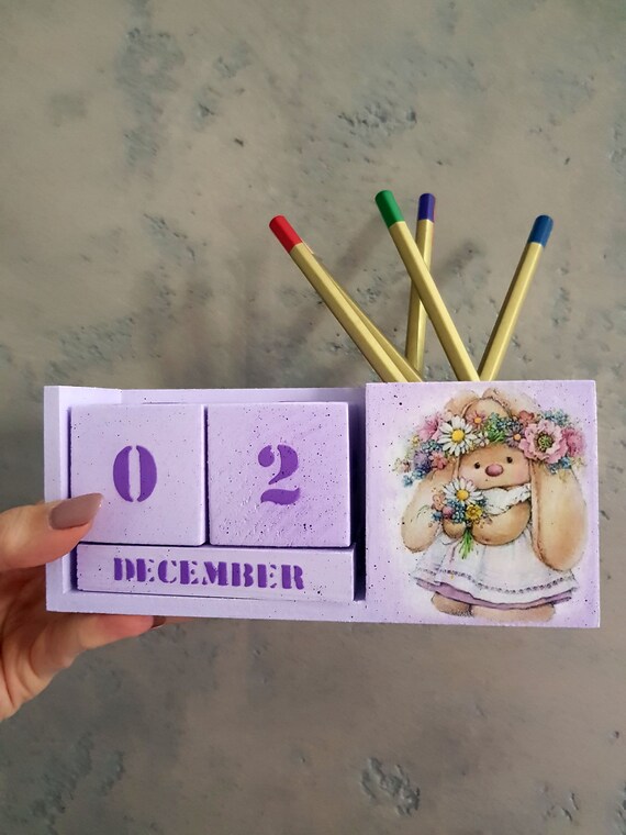 Perpetual Desk Calendar Pen Storage For Girl Wood Block Etsy